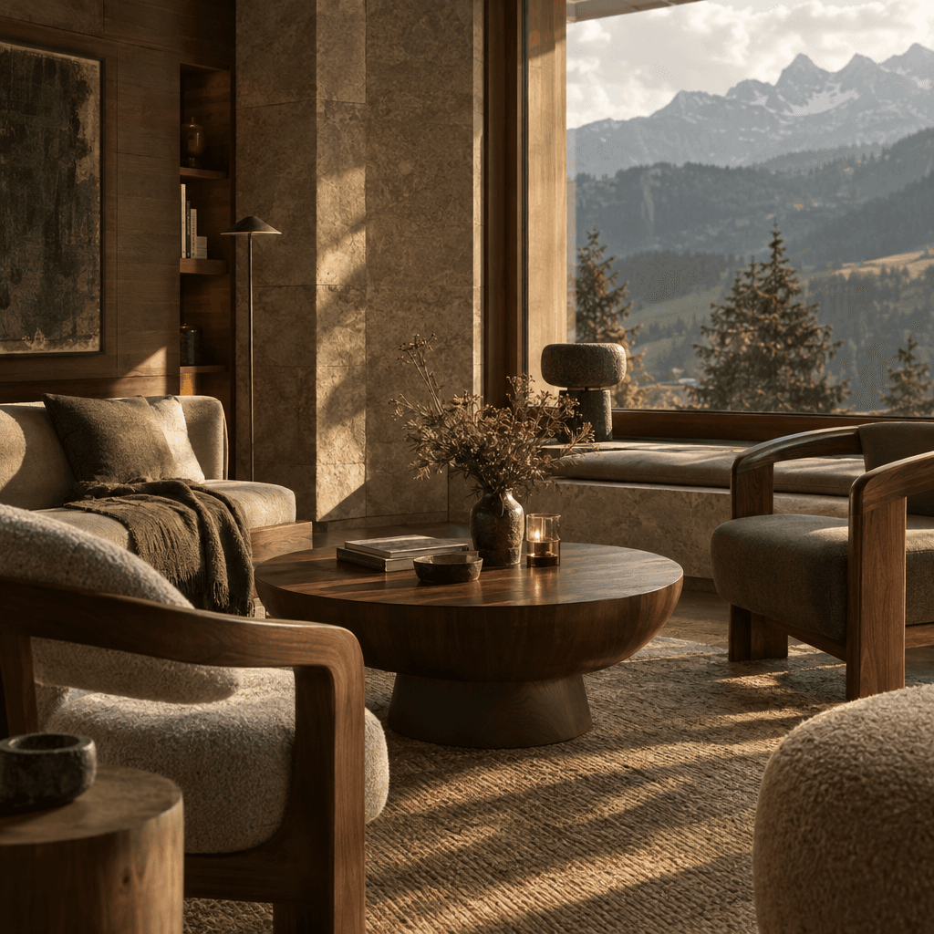 Ruhiger Loungebereich eines Hotels mit Holz, Naturstein und weichem Nachmittagslicht.